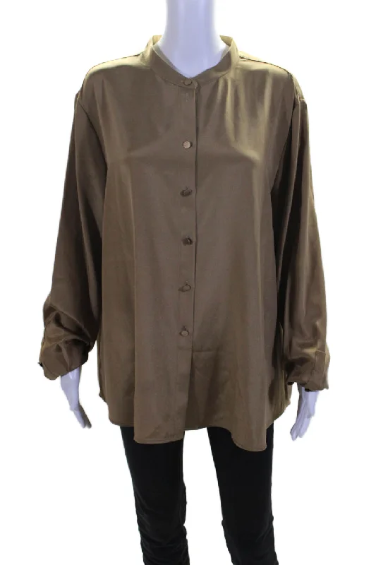 St. John Womens Button Front Long Sleeve Crew Neck Silk Shirt Brown