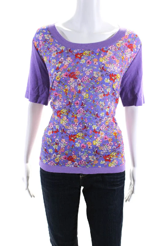 Weill Womens Floral Print Crew Neck Knit Tee Shirt Blouse Purple