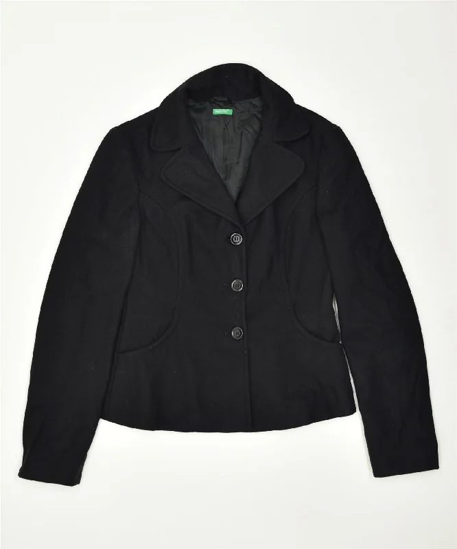 BENETTON Womens 3 Button Blazer Jacket IT 42 Medium Black Wool