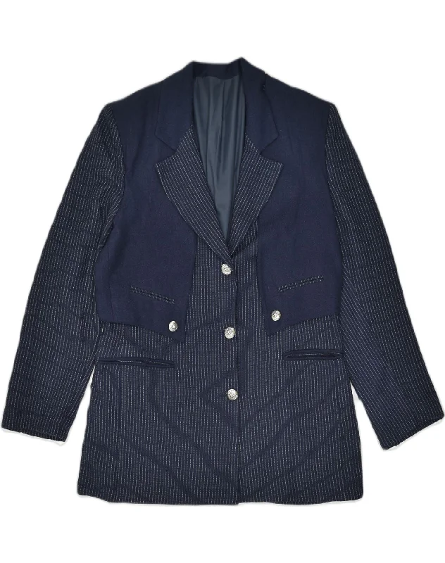 HEAVEN Womens 3 Button Blazer Jacket IT 48 XL Navy Blue Pinstripe Wool