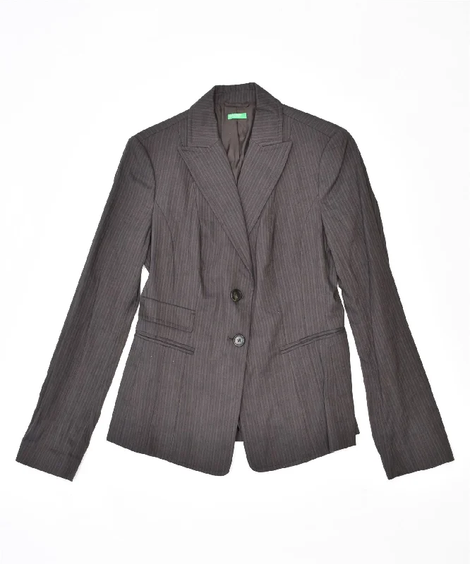 BENETTON Womens 2 Button Blazer Jacket UK 10 Small Brown Pinstripe