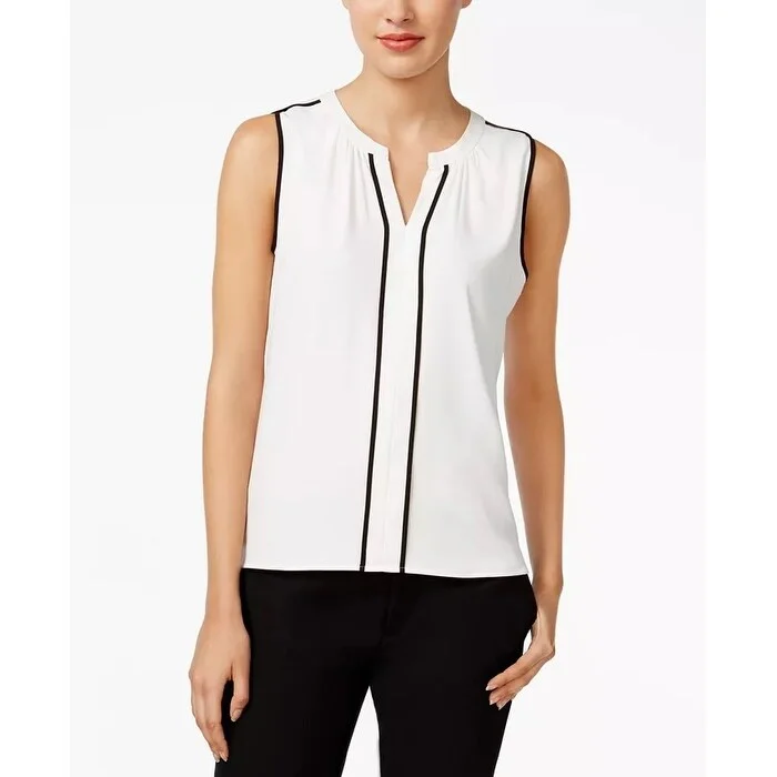 Calvin Klein Women's Sleeveless Contrast-Trim Blouse White Size X-Small