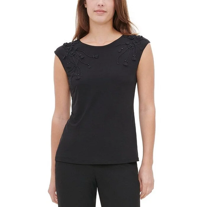 Calvin Klein Women's Sleeveless Embellished Crew Neck Top Black Size Medium