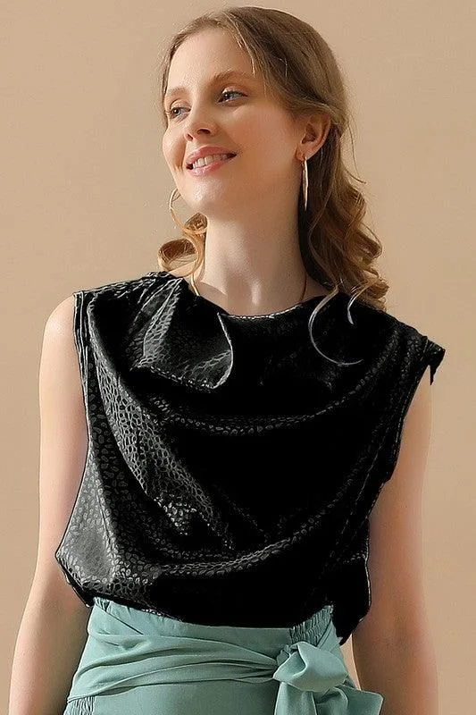 POLKA DOT WAVE NECK SLEEVELESS SATIN BLOUSE TOP