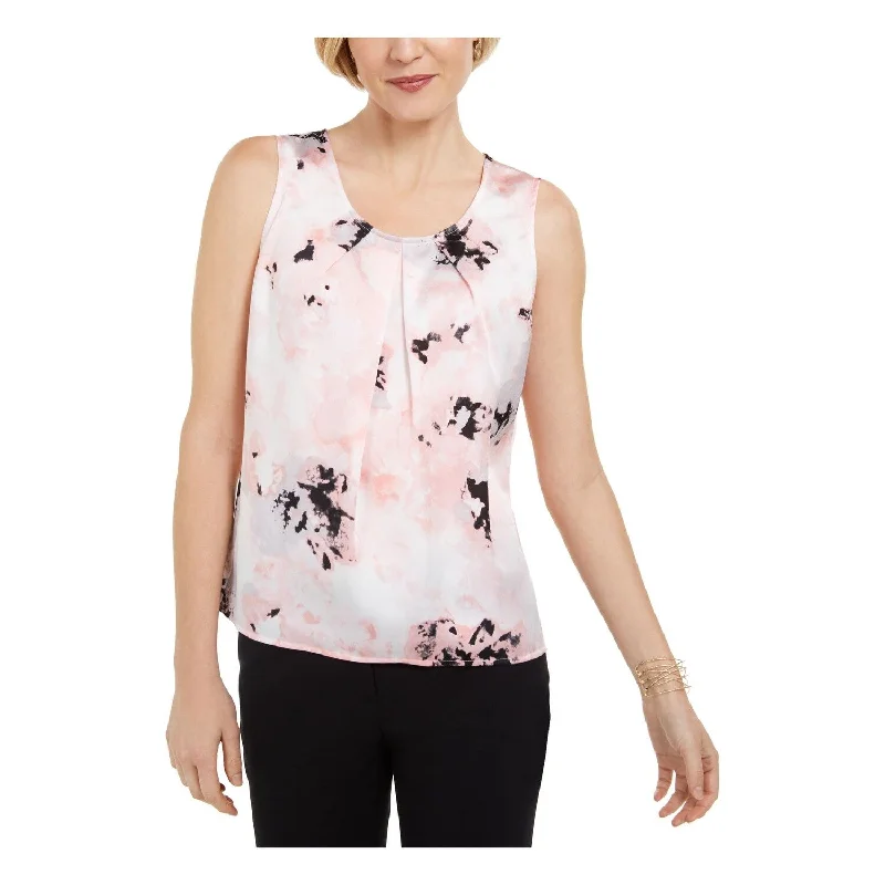 Kasper Women's Floral Print Pleated Sleeveless Top Pink Size X-Small