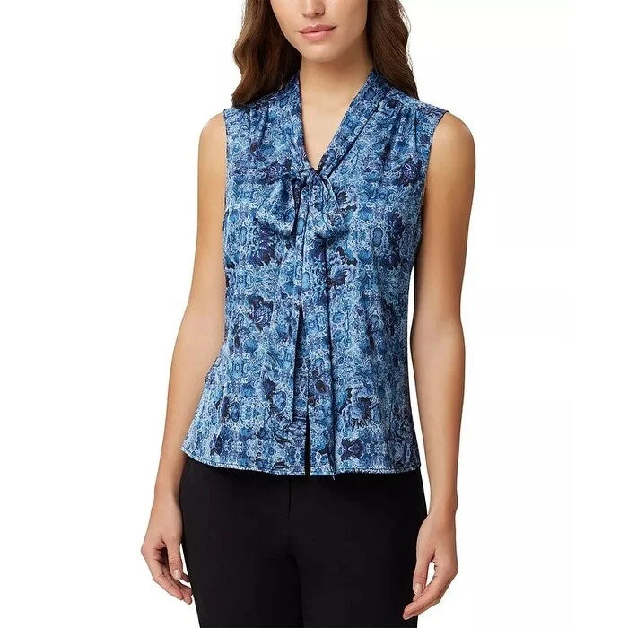 Tahari ASL Women's Printed Sleeveless Bow Blouse Blue Size Small