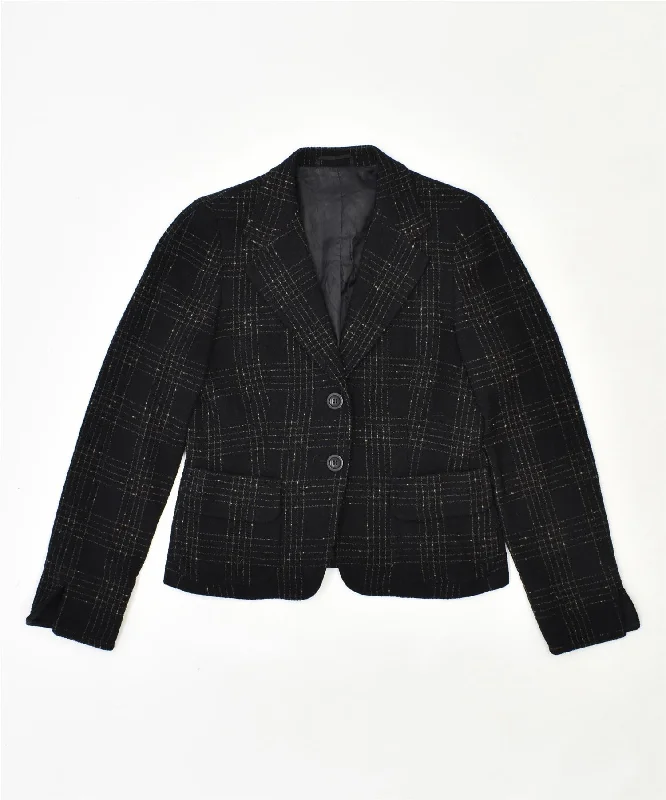 VINTAGE Womens 2 Button Blazer Jacket UK 10 Small Black Check Wool