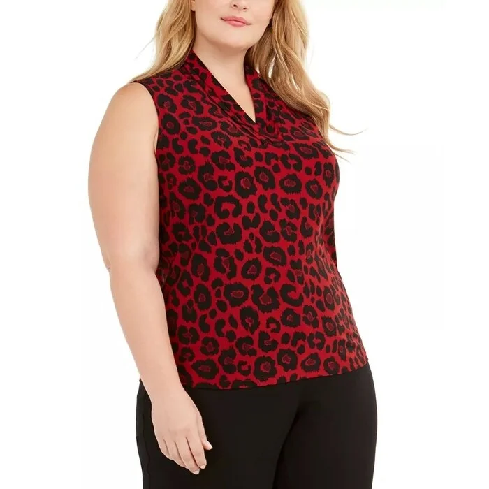 Anne Klein Women's Plus Sleeveless Animal Print Top Red Size 1X