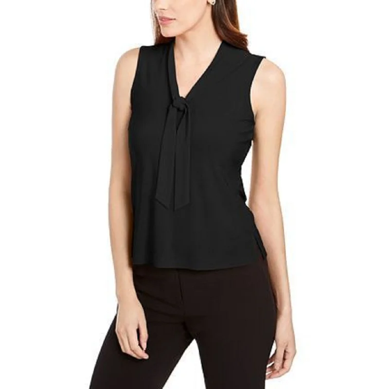 Anne Klein Women's Sleeveless Tie-Neck Blouse Black Size Large