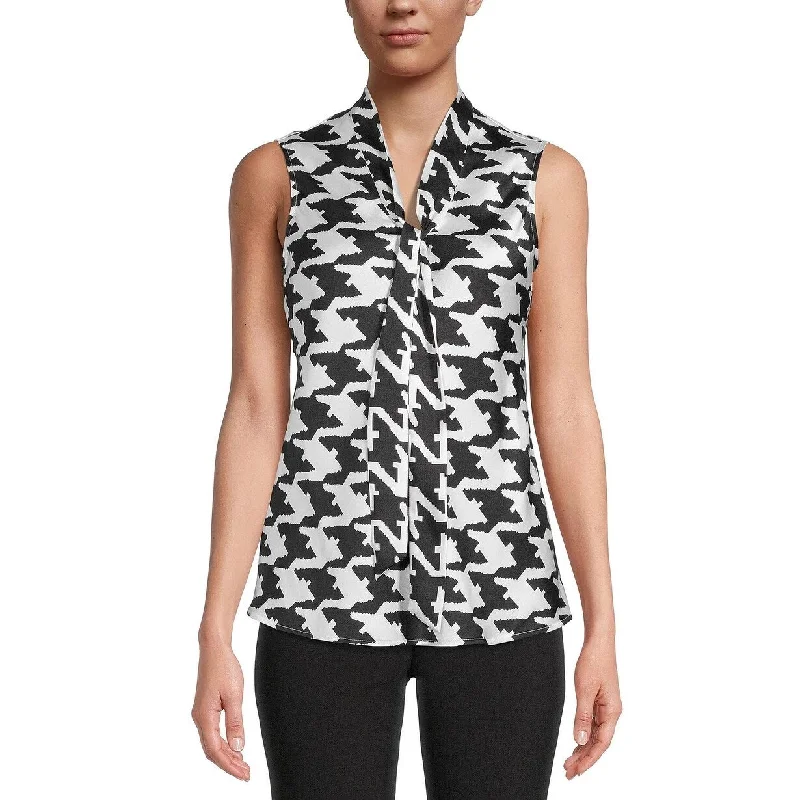 Kasper Women's Printed Sleeveless Bow-Neck Blouse Black Size Large