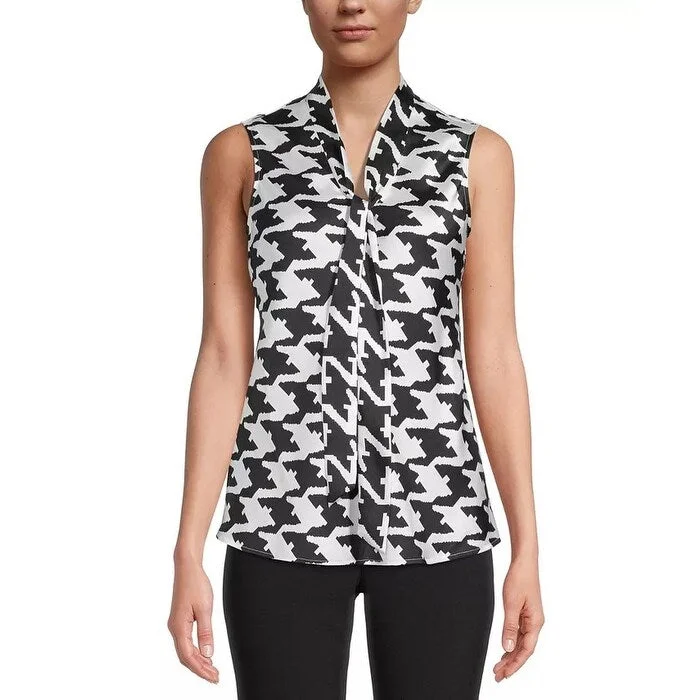 Kasper Women's Printed Sleeveless Bow-Neck Blouse Black Size Small