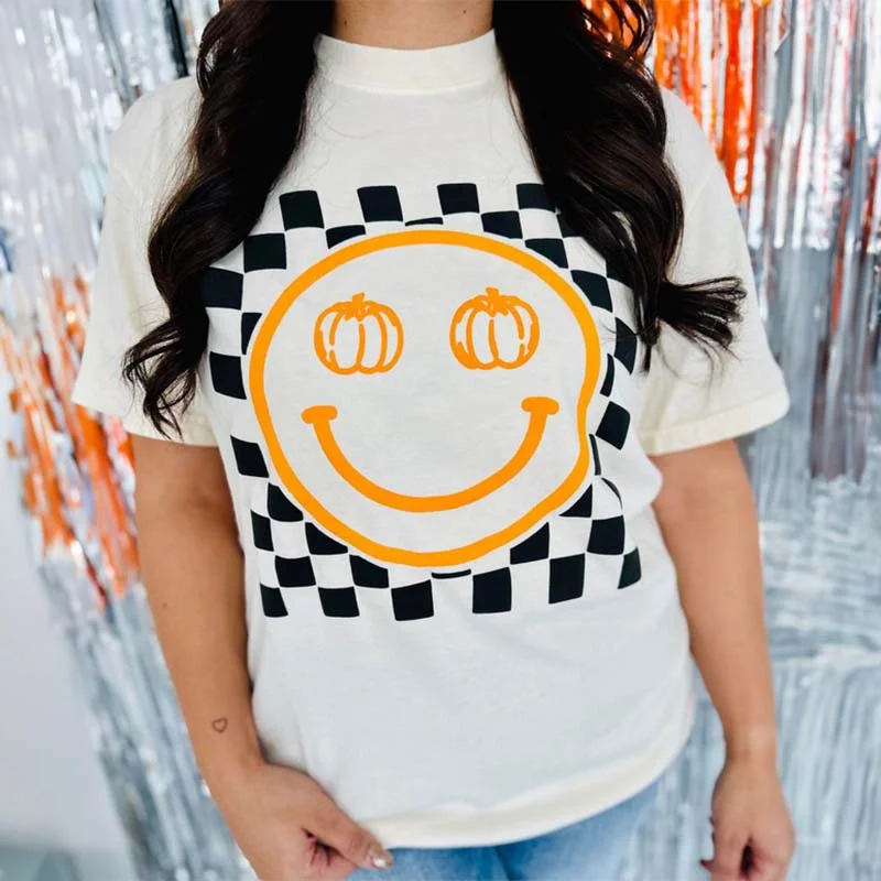 Checkered Smile Pumpkin Short Sleeve T-Shirt