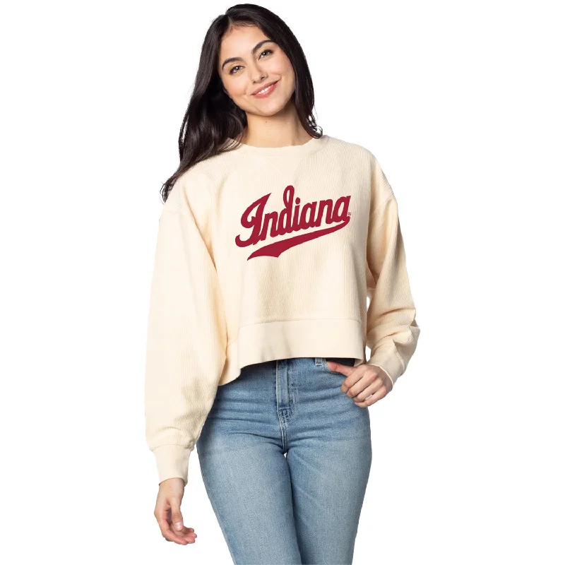 Ladies Indiana Hoosiers Corded Boxy Script Natural Crewneck