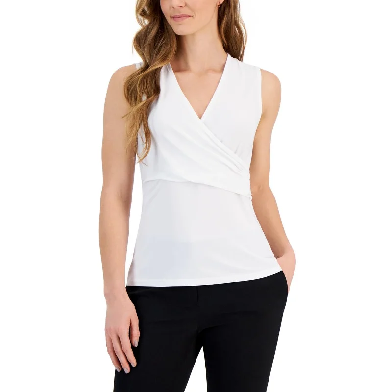 Kasper Womens Petites Faux-Wrap Sleeveless Blouse