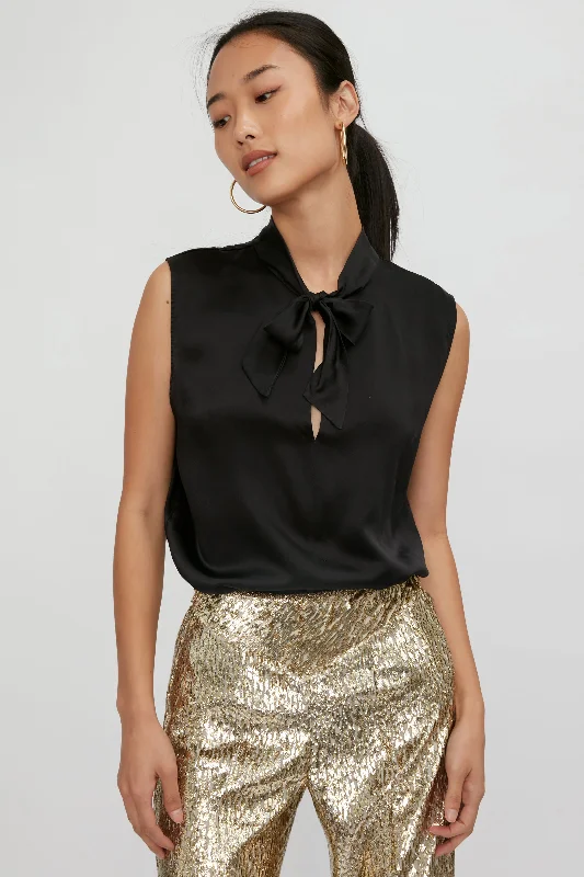 Satin Silk Sleeveless Blouse with Bow in Nero