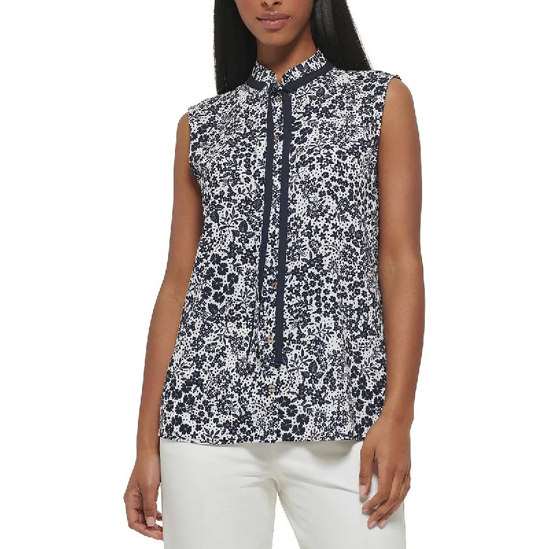 Tommy Hilfiger Womens   Tie Neck Sleeveless Button-Down Top