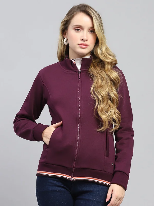 Women Maroon Solid Mock Neck Full Sleeve Sweatshirt