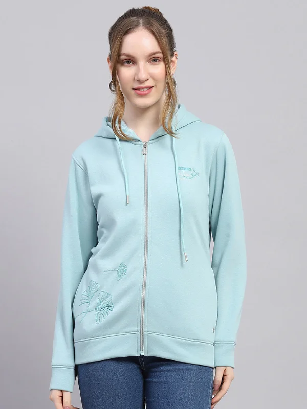 Women Sky Blue Solid Hooded Full Sleeve Sweatshirt