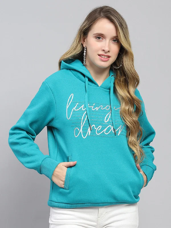 Women Teal Blue Printed Hooded Full Sleeve Sweatshirt