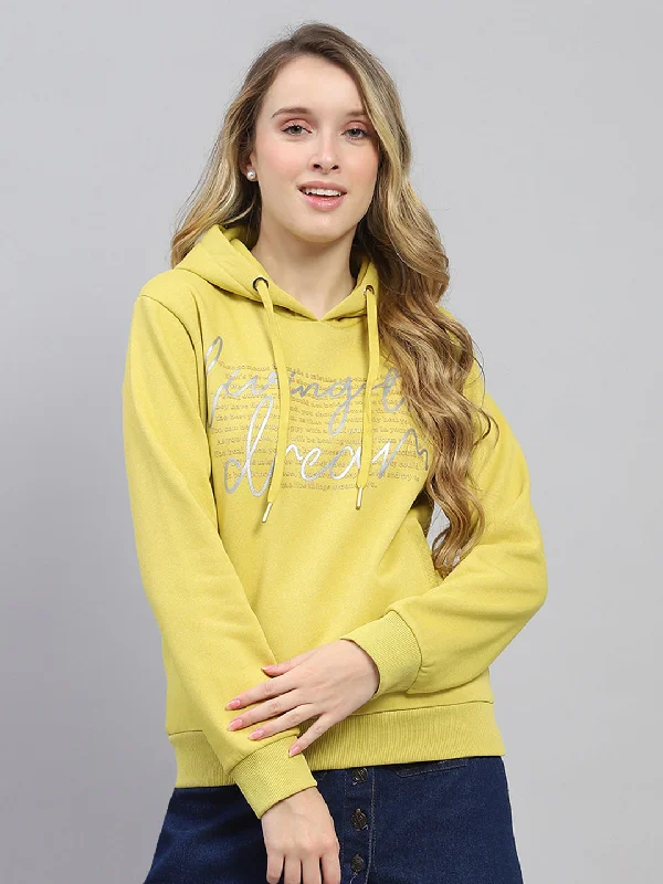 Women Yellow Printed Hooded Full Sleeve Sweatshirt